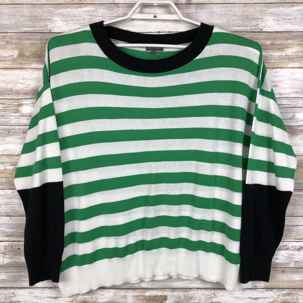 Vince Camuto Sweater Sz S L L/S Green White Stripe Black Sleeve Cotton Blend